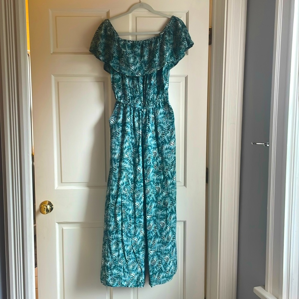 Silk palm frond patterned jumpsuit size L